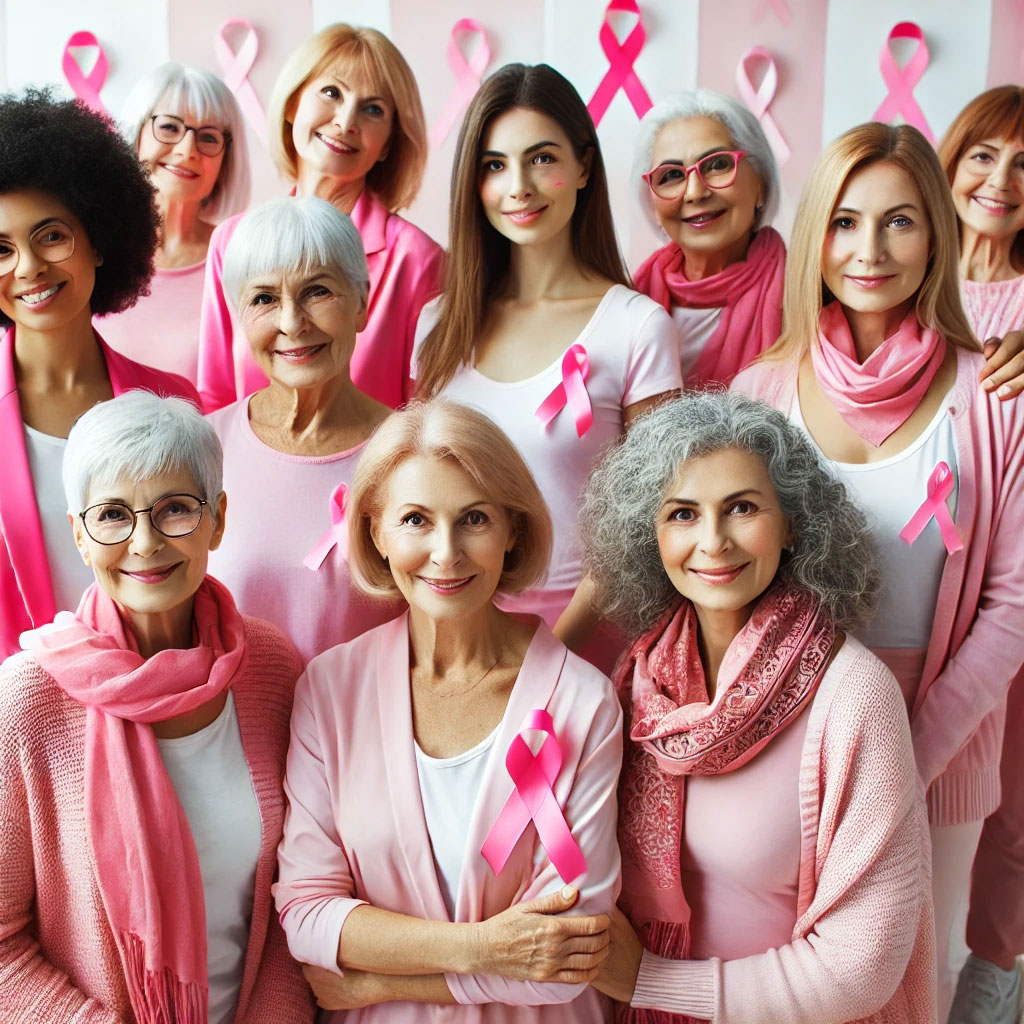 a group of women with pink ribbon on their breast