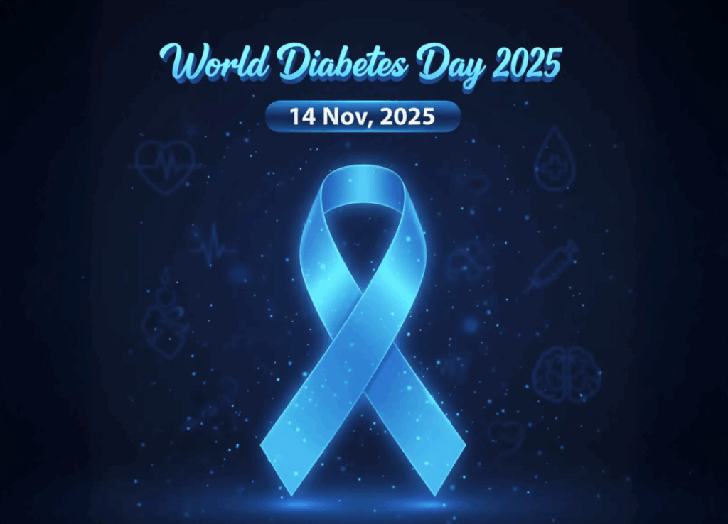 a blue ribbon with the words world diabets day on it